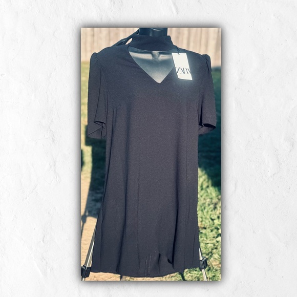 “New Zara Black Midi Dress with Tags - High Neck, Short Sleeves, Size L, Made in - Picture 4 of 15
